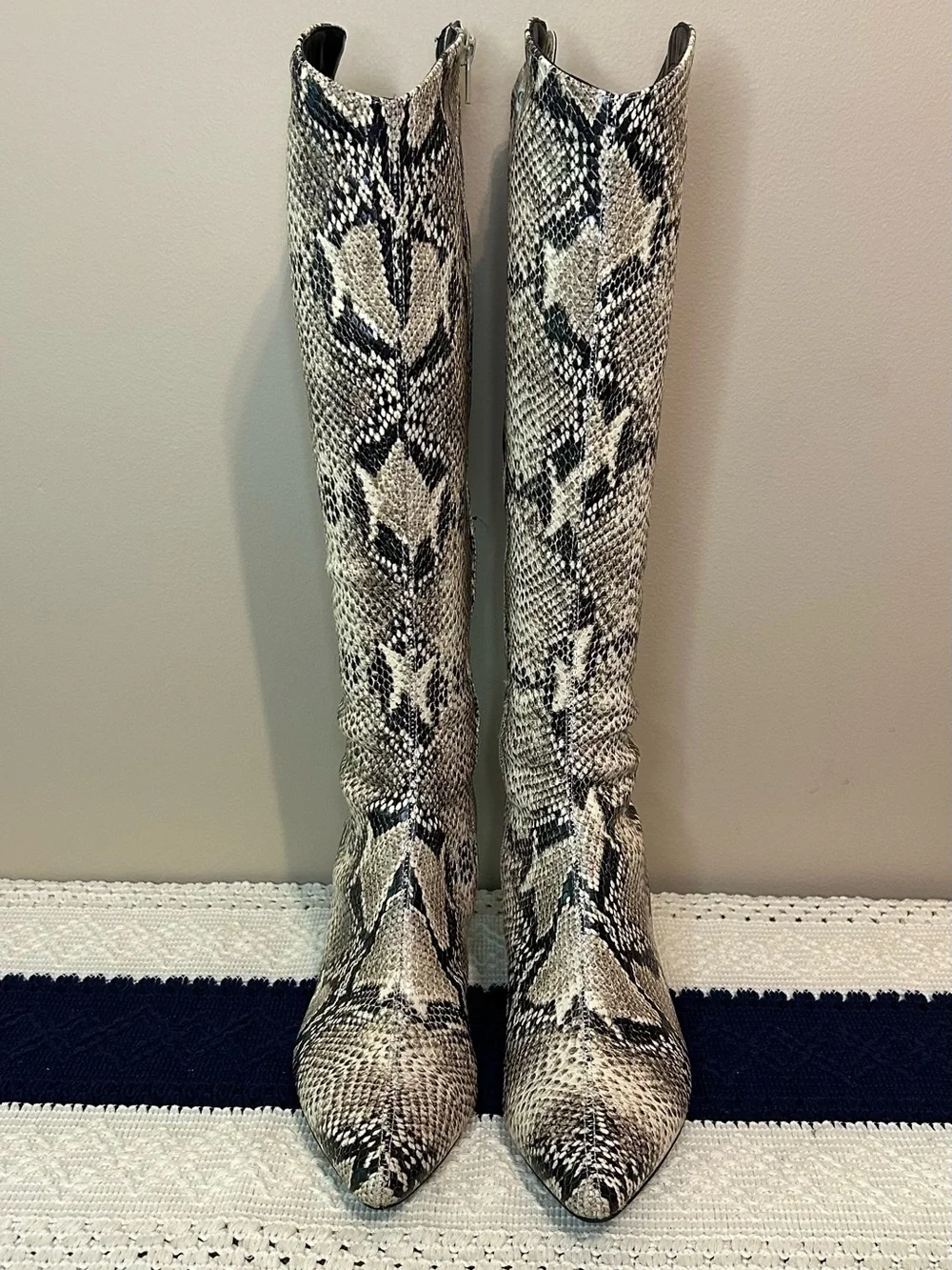 Andrew Geller Black and White Snake-Print Over-The-Knee Boots